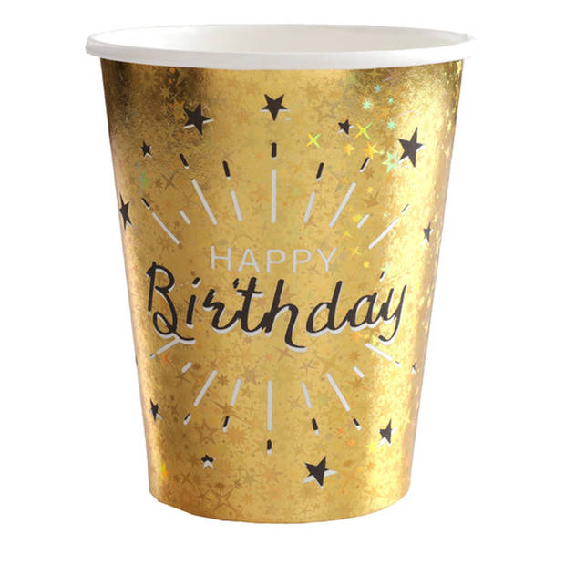 Verjaardag feest bekertjes/bordjes happy birthday - 20x - goud - karton - Feestpakketten
