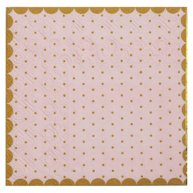 Santex papieren servetten - stippen - Babyshower meisje - 20x stuks - 25 x 25 cm - roze/goud - Feestservetten