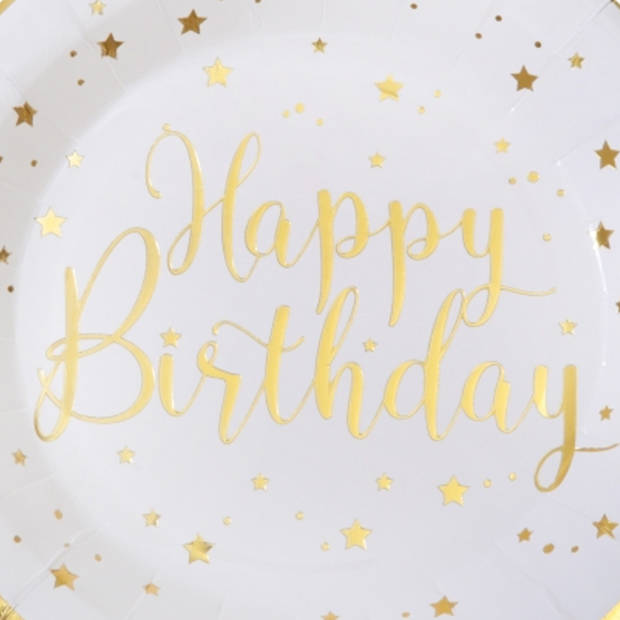 Santex Verjaardag feest bordjes happy birthday - 10x - wit - karton - 22 cm - rond - Feestbordjes