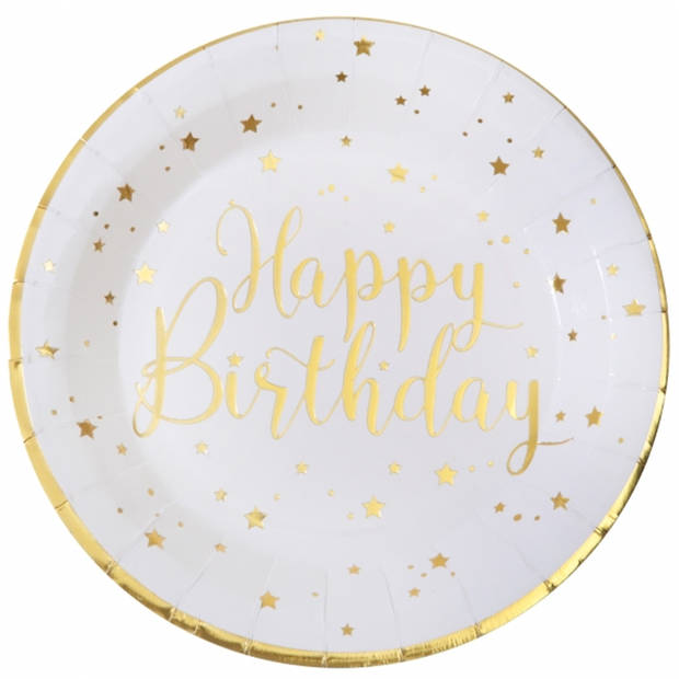 Santex Verjaardag feest bordjes happy birthday - 10x - wit - karton - 22 cm - rond - Feestbordjes
