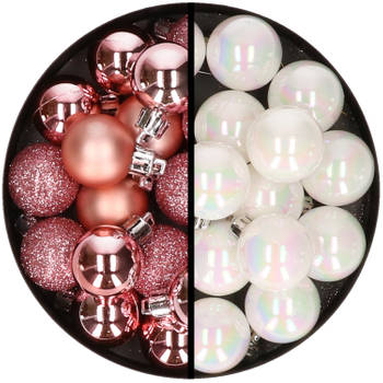 36x stuks kunststof kerstballen roze en parelmoer wit 3 en 4 cm - Kerstbal