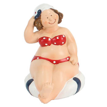 Home decoratie beeldje dikke dame zittend - rood badpak - 10 cm - Beeldjes