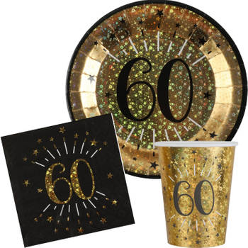 Verjaardag feest bekertjes en bordjes leeftijd - 30x - 60 jaar - goud - karton - Feestpakketten