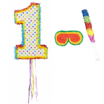 Funny Fashion - Verjaardag Pinata nummer 1 van 104 x 40 cm - set met stok en masker - Pinatas