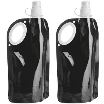 Waterfles/drinkfles opvouwbaar - 2x - zwart - kunststof - 770 ml - schroefdop - waterzak - Drinkflessen