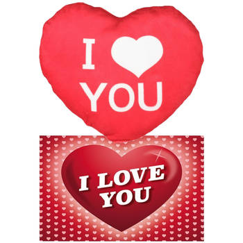 I Love You Set - Hartjes kussen met ansichtkaart - Rood - 20 cm - Sierkussens