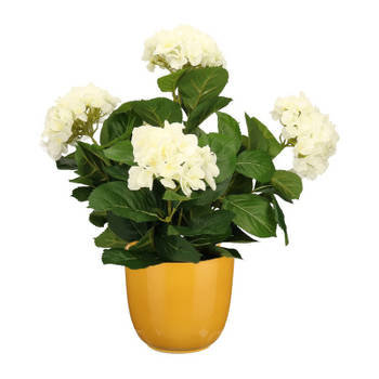 Hortensia kunstplant/kunstbloemen 45 cm - wit - in pot okergeel glans - Kunstplanten