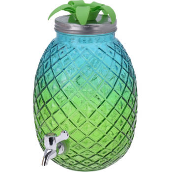 Glazen water/limonade/drank dispenser ananas blauw/groen 4,7 liter - Drankdispensers