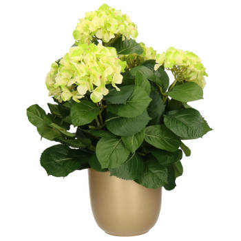 Hortensia kunstplant/kunstbloemen 45 cm - groen - in pot goud - Kunstplanten