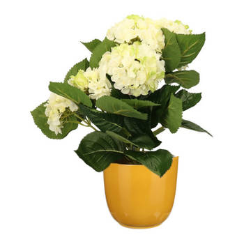Hortensia kunstplant/kunstbloemen 36 cm - wit/groen - in pot okergeel glans - Kunstplanten