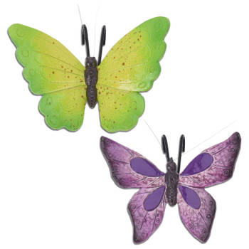 Tuindecoratie bloempothanger vlinder - set 2x - paars/groen - kunststeen - 13 x 10 cm - Tuinbeelden