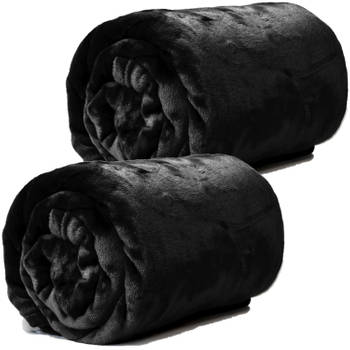 Enzo Fleece dekens/plaids 2 stuks 130 x 180 cm - zwart - Plaids