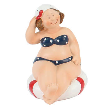 Home decoratie beeldje dikke dame zittend - blauw badpak - 10 cm - Beeldjes