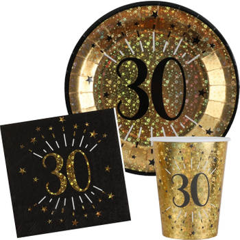 Verjaardag feest bekertjes/bordjes en servetten leeftijd - 30x - 30 jaar - goud - Feestpakketten