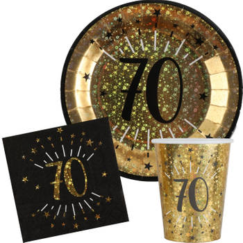 Verjaardag feest bekertjes/bordjes en servetten leeftijd - 30x - 70 jaar - goud - Feestpakketten