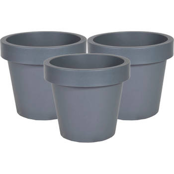 Mega Collections Plantenpot/bloempot - 3x - kunststof - grijs - buiten - D20 x H18 cm - Plantenpotten