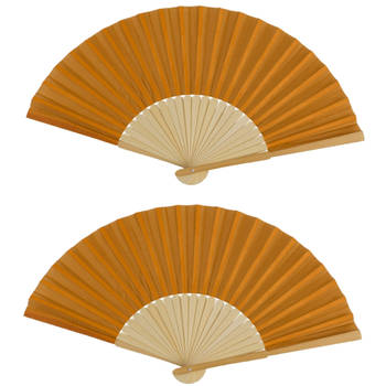 Spaanse handwaaier - 2x - pastelkleuren - cognac bruin - bamboe/papier - 21 cm - Verkleedattributen