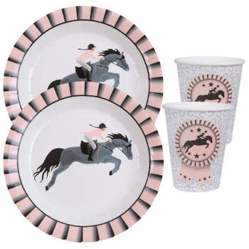 Paarden feest wegwerp servies set - 20x bordjes / 20x bekers - grijs/roze - Feestpakketten