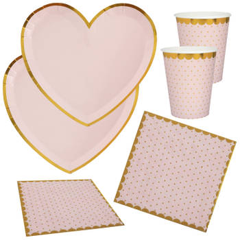 Feest wegwerp servies set - hartje - 20x bordjes / 20x bekers / 20x servetten - roze/goud - Feestpakketten