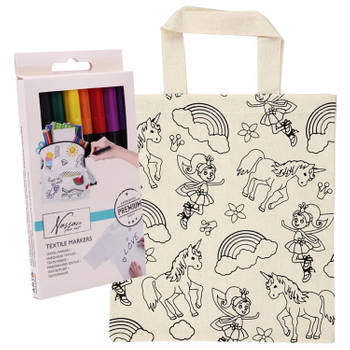 Inkleurbaar tasje eenhoorns thema inclusief 8x textielstiften - Hobbypakket