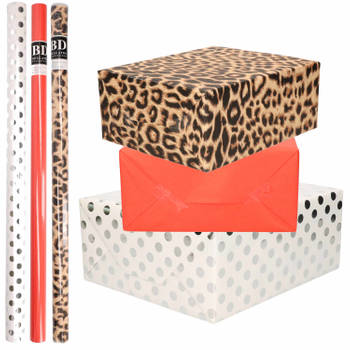 9x Rollen kraft inpakpapier/folie pakket - panterprint/rood/wit met zilveren stippen 200 x 70 cm - Cadeaupapier