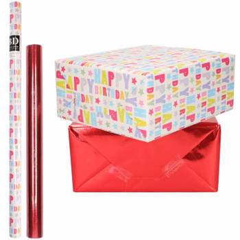 4x Rollen kraft inpakpapier happy birthday pakket - metallic rood 200 x 70/50 cm - Cadeaupapier