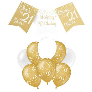 Paperdreams Luxe 21 jaar feestversiering set - Ballonnen & vlaggenlijnen - wit/goud - Feestpakketten