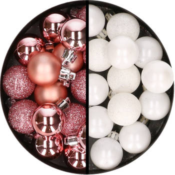 34x stuks kunststof kerstballen roze en wit 3 cm - Kerstbal
