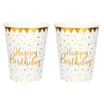 Verjaardag feest bekertjes happy birthday - 20x - wit - karton - 270 ml - Feestbekertjes