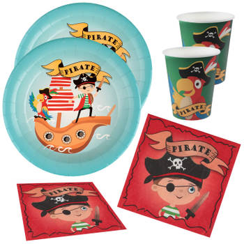 Piraten feest wegwerp servies set - 10x bordjes / 10x bekers / 20x servetten - Feestpakketten