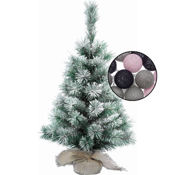 Mini kerstboom besneeuwd met verlichting - in jute zak - H60 cm - kleur mix grijs - Kunstkerstboom