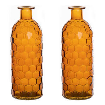 Bellatio Design Bloemenvaas - 2x - oranje glas honingraat - D7 x H20 cm - Vazen