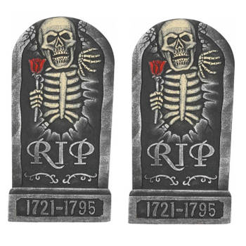 Set van 2x stuks horror kerkhof decoratie grafsteen RIP skelet met roos 32 x 65 cm - Feestdecoratievoorwerp