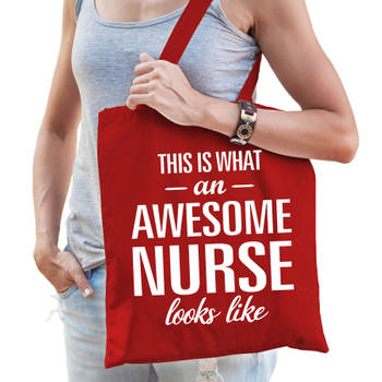 Bellatio Decorations cadeau tas voor verpleegkundige - rood - katoen - 42 x 38 cm - awesome nurse - Feest Boodschappenta