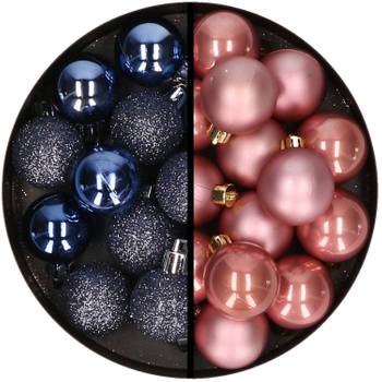36x stuks kunststof kerstballen donkerblauw en oudroze 3 en 4 cm - Kerstbal