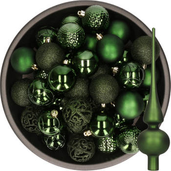 37x stuks kunststof kerstballen 6 cm incl. glazen piek mat donkergroen - Kerstbal