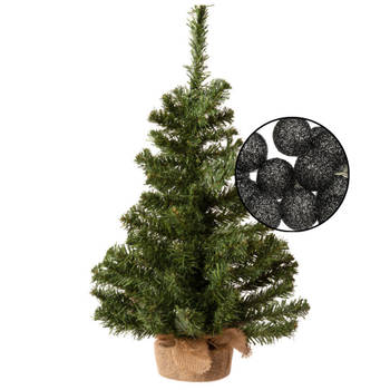 Mini kerstboom groen met verlichting - in jute zak - H60 cm - zwart - Kunstkerstboom