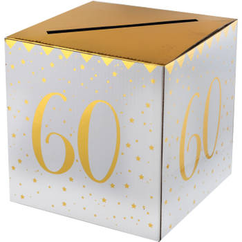Enveloppendoos - Verjaardag - 60 jaar - wit/goud - karton - 20 x 20 cm - Feestdecoratievoorwerp