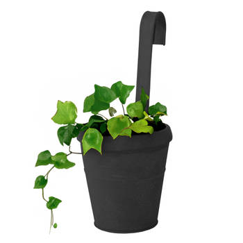 Mega Collections Plantenpot/bloempot - zink - mat zwart - met ophanghaak - D13 x H28 cm - Plantenpotten