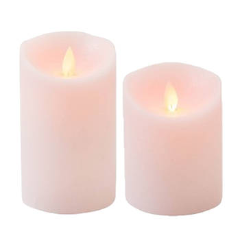 LED kaarsen/stompkaarsen - set 2x - roze - H10 en H12,5 cm - bewegende vlam - LED kaarsen