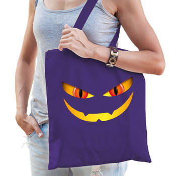 Bellatio Decorations halloween tas/shopper - paars - katoen - 42 x 38 cm - monster gezicht - Verkleedtassen