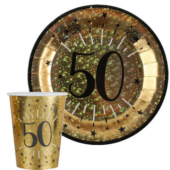 Verjaardag feest bekertjes en bordjes leeftijd - 20x - 50 jaar - goud - karton - Feestpakketten
