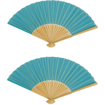 Spaanse handwaaier - 4x - special colours - turquoise blauw - bamboe/papier - 21 cm - Verkleedattributen