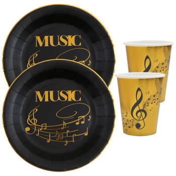 Muziek feest wegwerp servies set - 20x bordjes / 20x bekers - goud/zwart - Feestpakketten