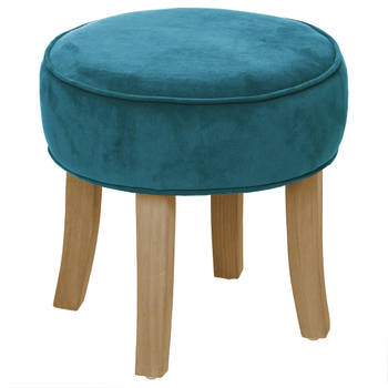 Atmosphera Zit krukje/bijzet stoel - hout/stof - blauw fluweel - D35 x H40 cm - Krukjes