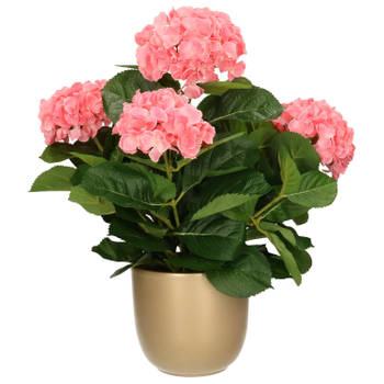 Hortensia kunstplant/kunstbloemen 45 cm - roze - in pot goud glans - Kunstplanten