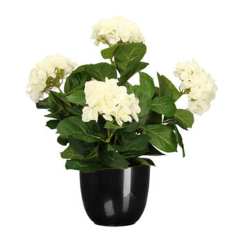 Hortensia kunstplant/kunstbloemen 45 cm - wit - in pot zwart glans - Kunstplanten