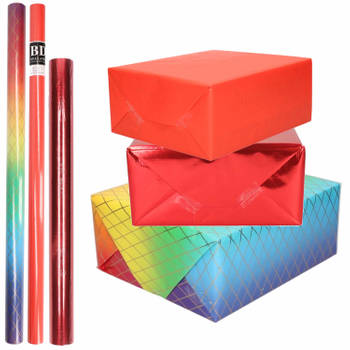 6x Rollen kraft inpakpapier regenboog pakket - regenboog/metallic rood/rood 200 x 70/50 cm - Cadeaupapier