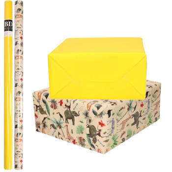 6x Rollen kraft inpakpapier jungle/oerwoud pakket - dieren/geel 200 x 70 cm - Cadeaupapier