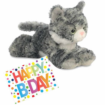 Pluche knuffel kat/poes grijs/witte 20 cm met A5-size Happy Birthday wenskaart - Knuffel huisdieren